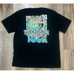 True Religion T-Shirt Mens Sz Medium Black World Tour Green Graphic Short Sleeve